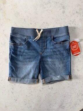 wonder nation Medium Blue Denim Knit-Waist Girls Roll-Cuff Shorts